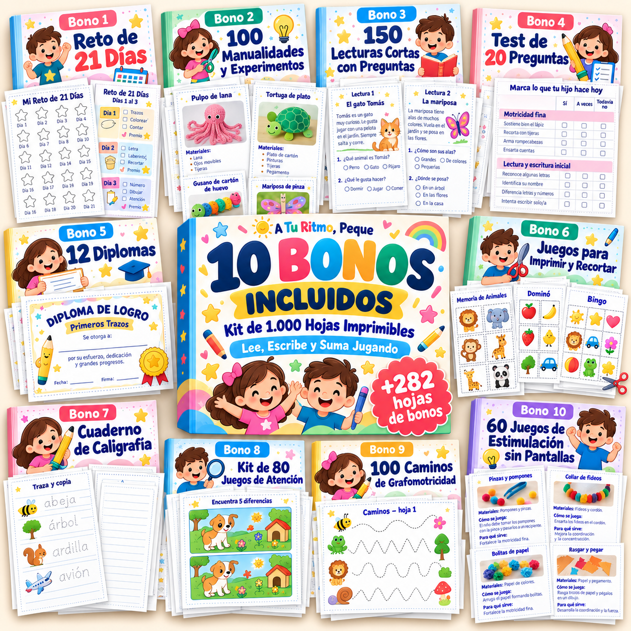 Los 10 bonos incluidos en el kit: reto de 21 días, manualidades y experimentos, lecturas cortas con preguntas, test inicial, diplomas, juegos para imprimir y recortar, cuaderno de caligrafía, juegos de atención, caminos de grafomotricidad y juegos de estimulación sin pantallas