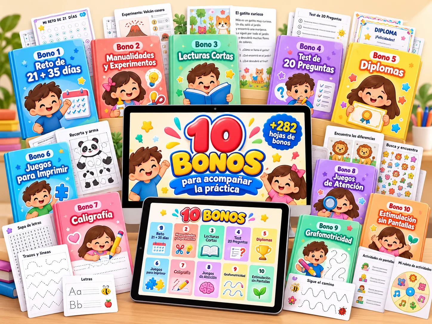 Pack educativo con los 10 bonos: una pantalla muestra 10 bonos para acompañar la práctica con +282 hojas de bonos, una tableta lista los diez bonos y se ven diez portadas ilustradas junto a hojas imprimibles sueltas