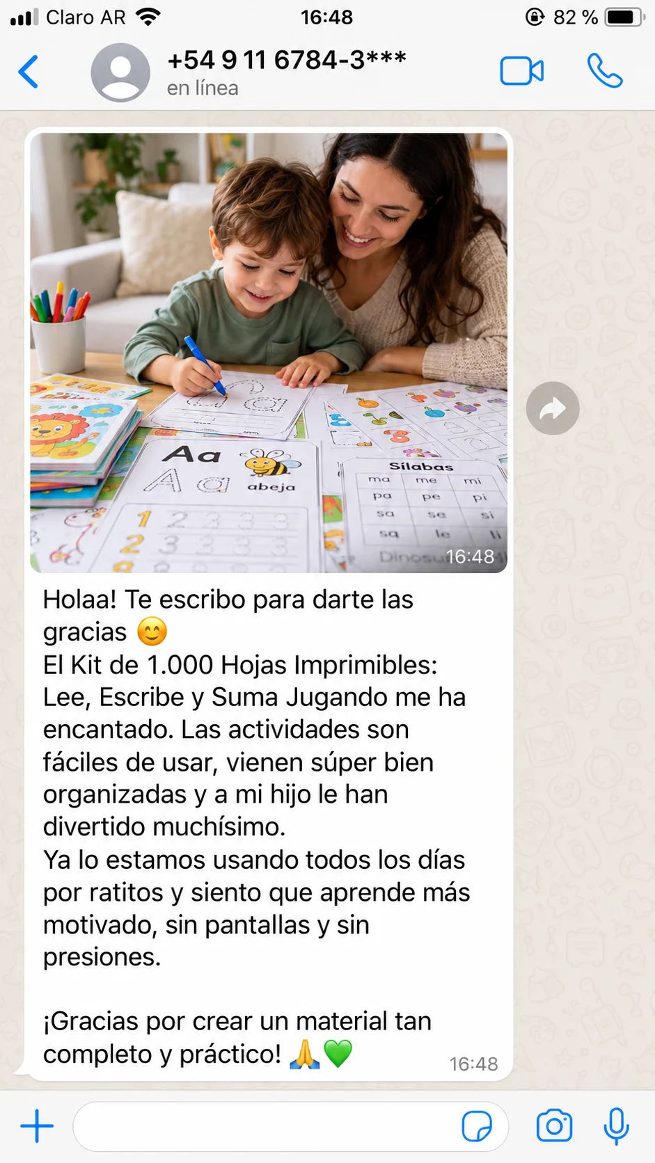 Captura de WhatsApp con el testimonio de una madre que agradece porque el kit es fácil de usar y motivó a su hijo sin pantallas