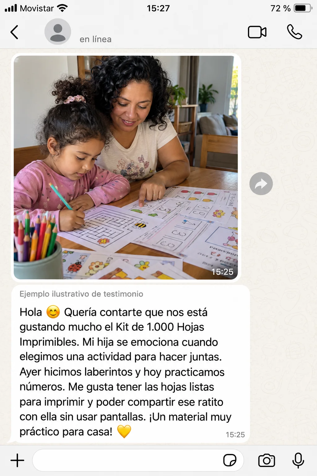 Captura de WhatsApp con el testimonio de una familia que practica laberintos y números con el kit sin usar pantallas